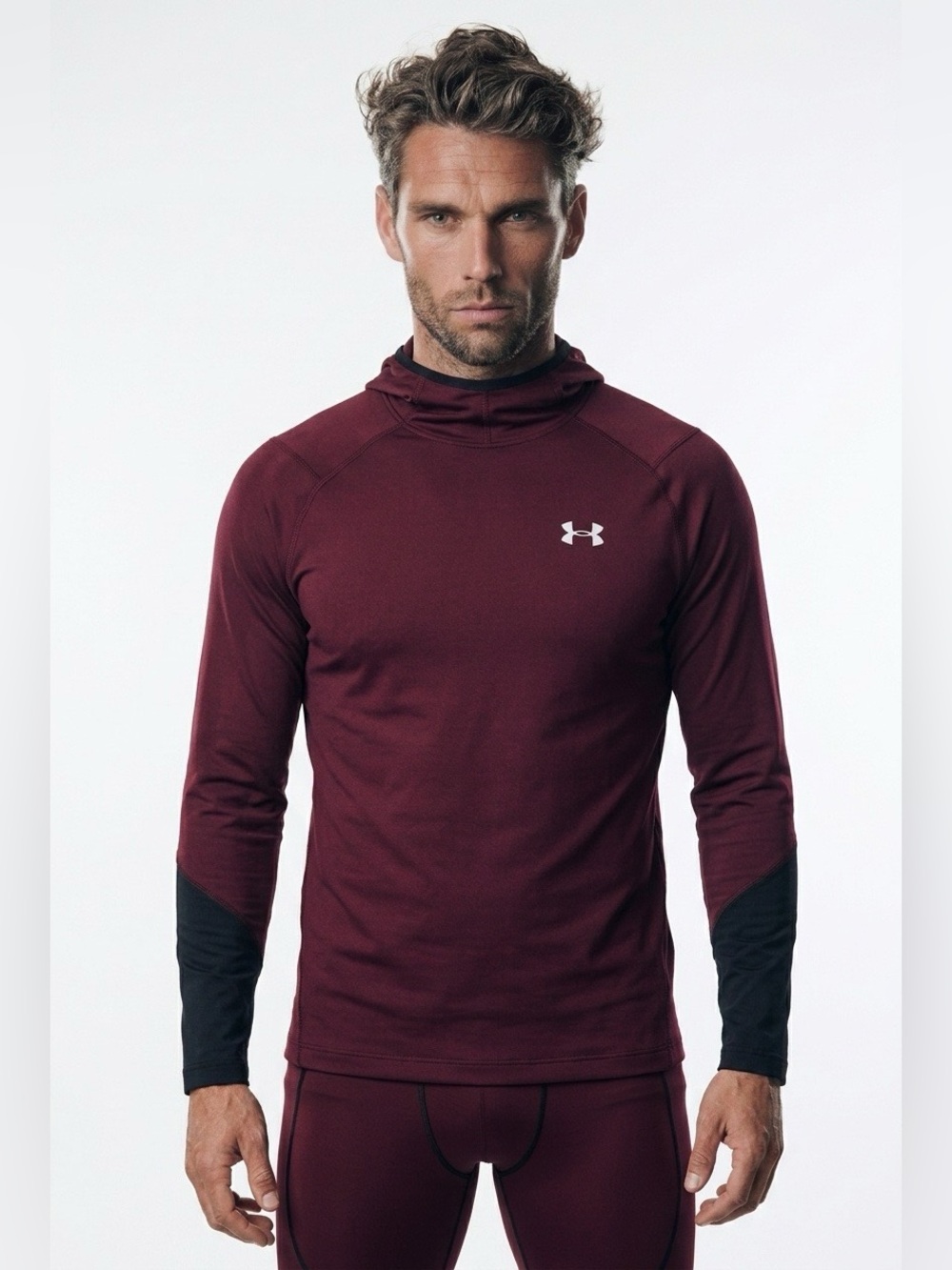 Under Armour Maroon and Black Hooded Fitted Cold Gear Performance Top